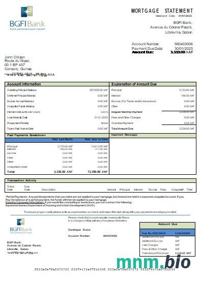 Gwinea Równikowa Bank BGFI wyciąg z kredytu hipotecznego szablon Word i PDF